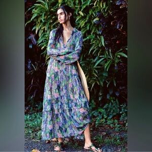 Anthropologie Green and Purple Floral Long Sleeve Dress